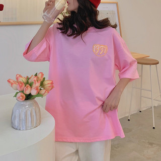 宽松前后印花短袖T恤女拉夏贝尔旗下2021夏季街头风潮流上衣 L 粉色