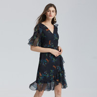 夏装v领荷叶边雪纺碎花连衣裙仙女裙 XL 宝蓝