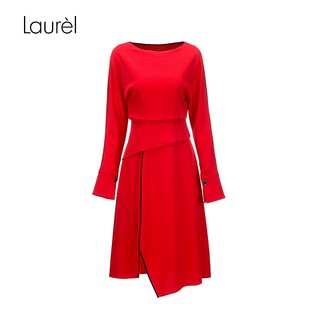 Laurel早秋新款红色醋纤不对称褶皱滚边撞色连衣裙女L173Y02200