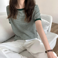 圆领条纹短袖t恤 拉夏贝尔旗下2021夏新款时尚显瘦女式T恤 S 军绿条纹（米色底）