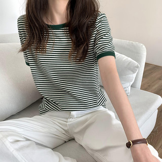 圆领条纹短袖t恤 拉夏贝尔旗下2021夏新款时尚显瘦女式T恤 M 军绿条纹（米色底）