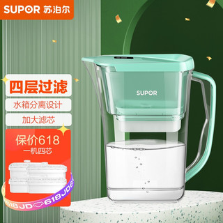 SUPOR 苏泊尔 过滤净水器 家用滤水壶 自来水过滤器净水壶 J-UF01（绿色）一壶四芯