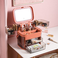 化妆品收纳盒防尘护肤品口红梳妆台桌面led带镜子首饰一体置物架