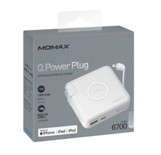 MOMAX 摩米士 IP93 移动电源充电器数据线三合一 英规+澳规+欧规三合一插头 白色 6700mAh Type-C 18W双向快充+10W无线充电