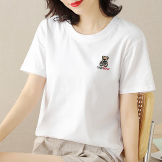 小熊刺绣短袖T恤女拉夏贝尔旗下2021夏季新款短袖圆领纯棉衫 S 白色