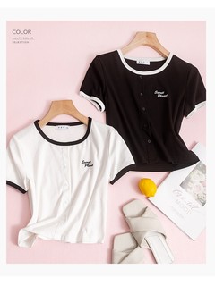 2021新款韩版时尚字母绣花撞色短袖上衣女款休闲圆领短款T恤 XL 黑色