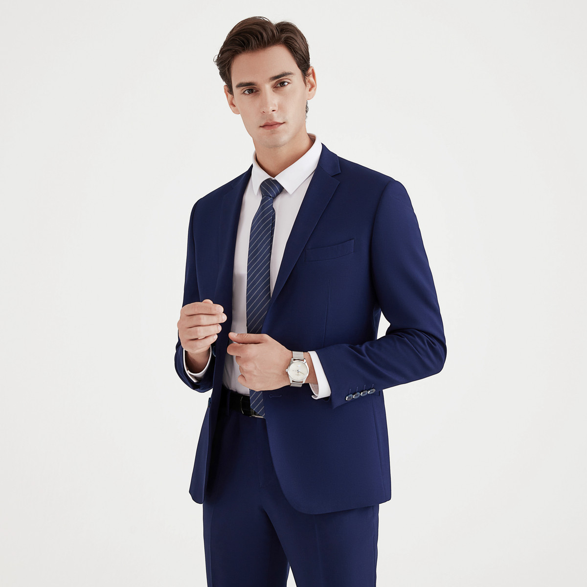 柒牌  2021春装新品 时尚净色西服套装婚宴礼服男士套西  宝蓝