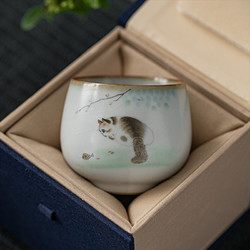 汝窑茶杯主人杯功夫茶具单个杯开片可养猫咪大号喝茶盏陶瓷品茗杯