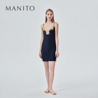 MANITO/曼尼陀 真丝睡衣性感蕾丝吊带短睡裙时尚桑蚕丝V领家居服 深海蓝+金 M
