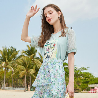 蕾丝拼接T恤2021年夏装新款女装时尚创意印花宽松上衣 果绿 S