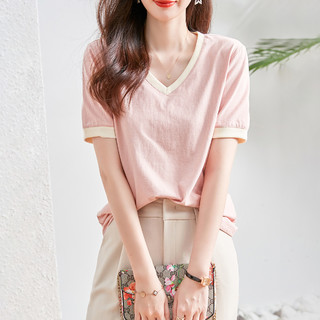 【小V领温柔色系】-设计师推荐款-2021新款小清新短袖女式T恤衫 S 肉粉红色