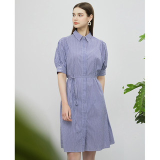 夏季衬衫式连衣裙2021新款女翻领条纹印花时尚休闲短袖中长款 L 深蓝白条