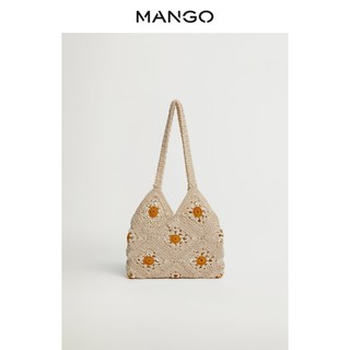 MANGO女装包包2021春夏新款钩针编织面料花朵印花设计手提包 淡紫色