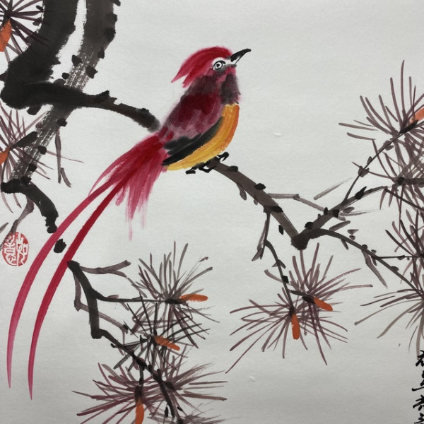 红松富贵鸟卷轴70cm王永明花鸟卷轴无需装裱配框
