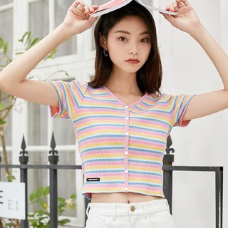 Vero Moda2021春夏新款高含棉弹力条纹短款T恤|321201085 S A28冻凌粉色