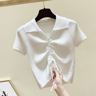 翻领抽绳短袖针织衫女拉夏贝尔旗下2021夏季修身短款女式T恤 L 白色
