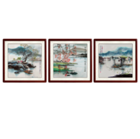 尚得堂 山水画现代中式餐厅装饰画《江南水乡》50×50cm 三联画手绘国画客厅沙发背景墙