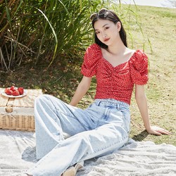 Vero Moda2021春夏新款复古法式方领波点雪纺衫女|3212T1014