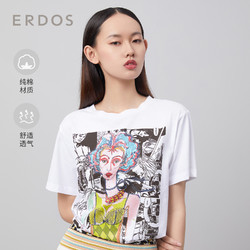 ERDOS 鄂尔多斯 春夏新款手绘印花图案女士圆领短袖T恤宽松休闲纯棉上衣