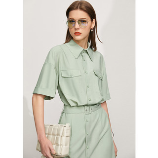 Amii设计感收腰衬衫连衣裙女2021夏季新款法式衬衣裙薄荷绿裙子