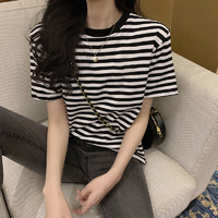 韩版黑白条纹纯棉短袖t恤女2021夏季新款宽松显瘦半袖上衣ins潮牌
