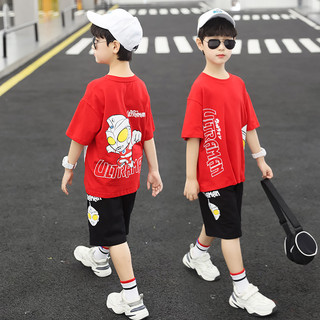 奥特曼联名衣服童装男童夏装短袖套装2021新款中大儿童韩版潮 160 红色