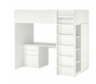 宜家 SMÅSTAD 斯玛斯塔 高架床 白色 白色, 带书桌 带4个抽屉 90x200 厘米