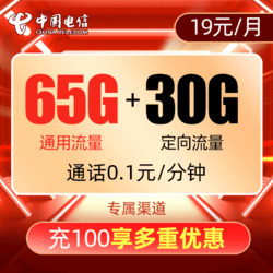 CHINA TELECOM 中国电信 小翼卡（65GB通用流量+30GB定向流量，19元月租）