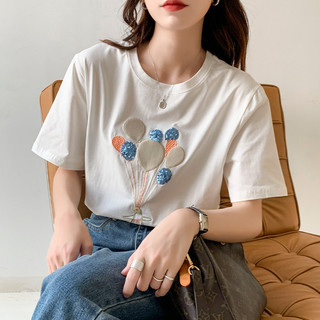 拉夏贝尔旗下2021夏季亮片起球刺绣短袖女式T恤韩版纯棉上衣 S 白色