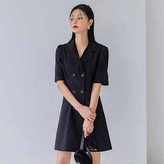 HSTYLE/韩都衣舍 韩版女装时尚双排扣西装裙连衣裙 黑色 S
