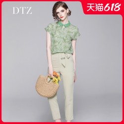 2021春夏新款洋气衬衫印花雪纺衫上衣纯色西装裤职业两件套装女潮