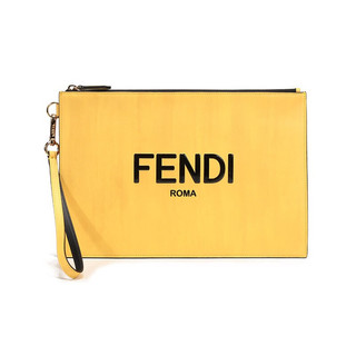 FENDI 芬迪 男士牛皮革扁平手拿包黄色黑色LOGO图案 7N0110 ADP6 F1CIA