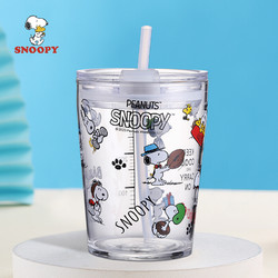 SNOOPY 史努比 玻璃牛奶吸管杯带刻度学生家用早餐奶茶杯子可爱耐热可微波水杯400ML 5038-1