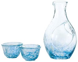東洋佐々木ガラス 冷酒玻璃杯套装 蓝色 清酒瓶 300ml 玻璃杯 55ml 3件装 G604-M70 日本制造