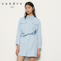 sandro2020春夏新款女装衬衫领珠扣职业化气质连衣裙SFPRO01186 蓝色 36