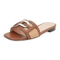 巴利 BALLY 女士棕色牛皮交错 B-Chain图案平底粗跟凉拖鞋 PEONI FLAT 19 76614 CUERO 21 37