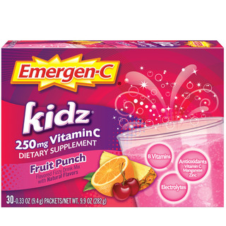 美国Emergen-C儿童维生素C泡腾粉30包水果宾治味 含250mgVC+5种B族维生素+100mg钙强免疫补充电解质原装进口