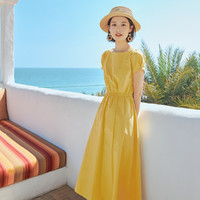 夏季特卖女款方领纯美修身小飞袖棉质凉爽背带裙 L 柠檬黄