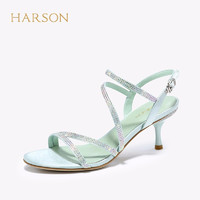 哈森 2020夏季新款露趾细高跟凉鞋 水钻一字带优雅仙女鞋HM01415 绿色 36