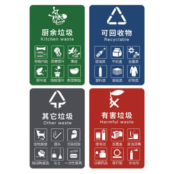 誉禾垃圾桶分类贴纸标签墙贴干湿垃圾可回收垃圾标识有害垃圾分类贴纸防水不干胶4张装15x20cm5167