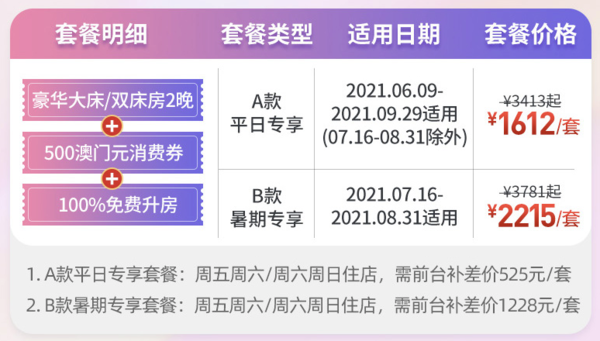 澳门康莱德 豪华房2晚（赠500澳门元消费券+100%免费升房）