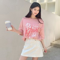 2021年夏新款韩版女款显瘦打底字母印花圆领短袖T恤 M 牛奶粉