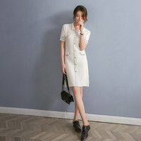 天丝纱线小香风连衣裙女2021年夏季新款舒适高端针织女裙子 M 白色