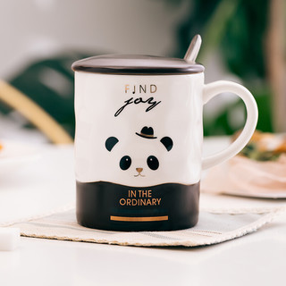 佳佰带盖带勺陶瓷马克杯 办公室水杯咖啡杯茶杯牛奶杯麦片杯 双色杯-熊猫