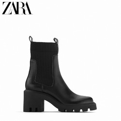 ZARA 女鞋 折扣黑色厚底增高底袜式中跟短靴 12164610040