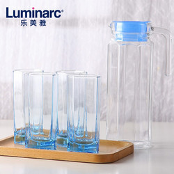 Luminarc 乐美雅 无铅玻璃杯套装凉水壶带盖家用1.1L冷水壶茶杯水杯子 八角壶凝彩水具5件套（冰蓝）