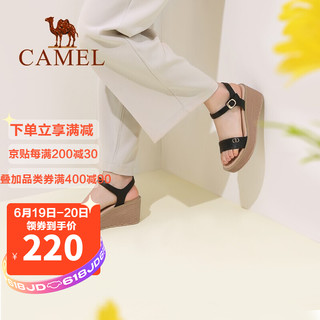 CAMEL 骆驼 女鞋 文艺优雅范牛皮一字扣带草编坡跟凉鞋 A120076343 黑色 37