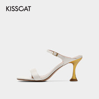 KISSCAT 接吻猫 2021年夏季新款休闲流行方头高跟鞋压纹露趾经典复古凉鞋女