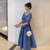 【泡泡袖连衣裙】2021夏新款方领露背中长款裙子气质显瘦女装 L 浅蓝色