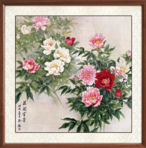 尚得堂韩梅花开富贵6565cm牡丹花客厅花鸟画办公室玄关装饰画工笔画